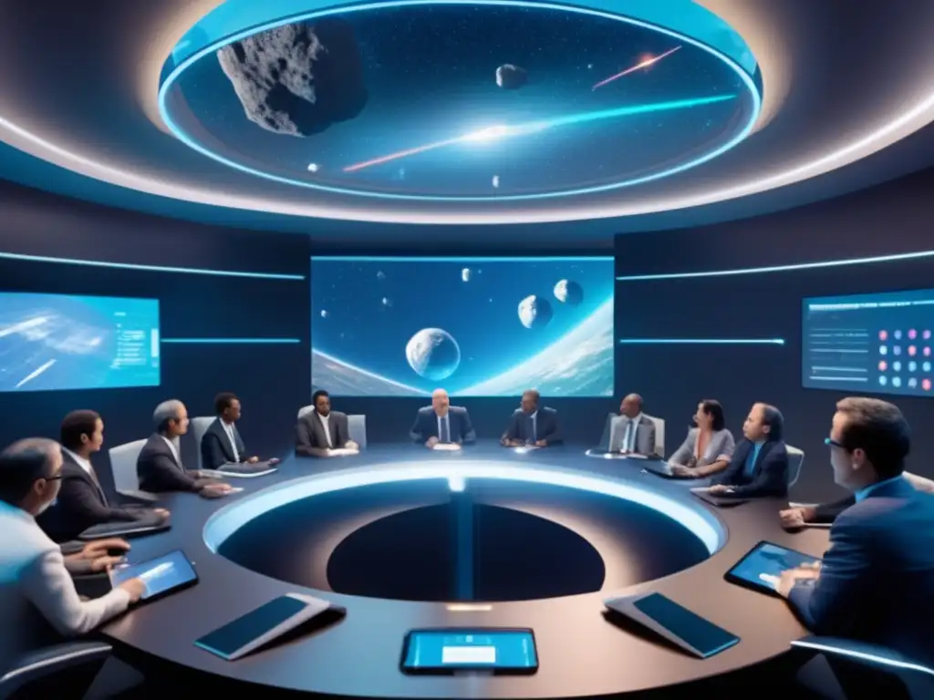 Reunión de representantes sobre jurisdicción de asteroides Jurisdicción asteroidal en acuerdo lunar: representantes de varios países discuten en sala futurista con hologramas y gráficos