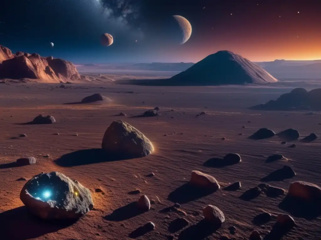 Adaptación microorganismos en asteroide: imagen impactante de paisaje estéril, rocas, cráteres y organismos vibrantes