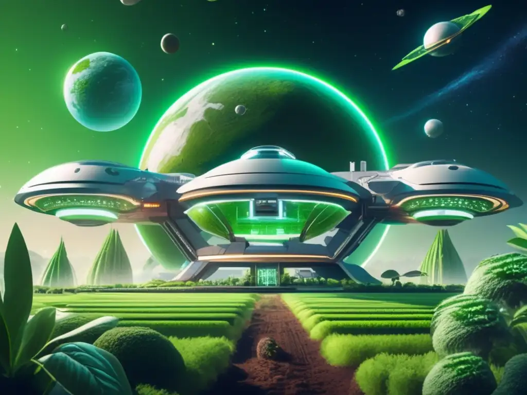 Agricultura espacial en baja gravedad: imagen de estación espacial futurista flotando en un asteroide verde