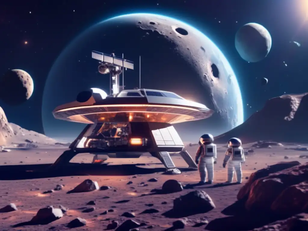 Alianzas para explotar asteroides: estación espacial futurista, astronautas, rovers y galaxias