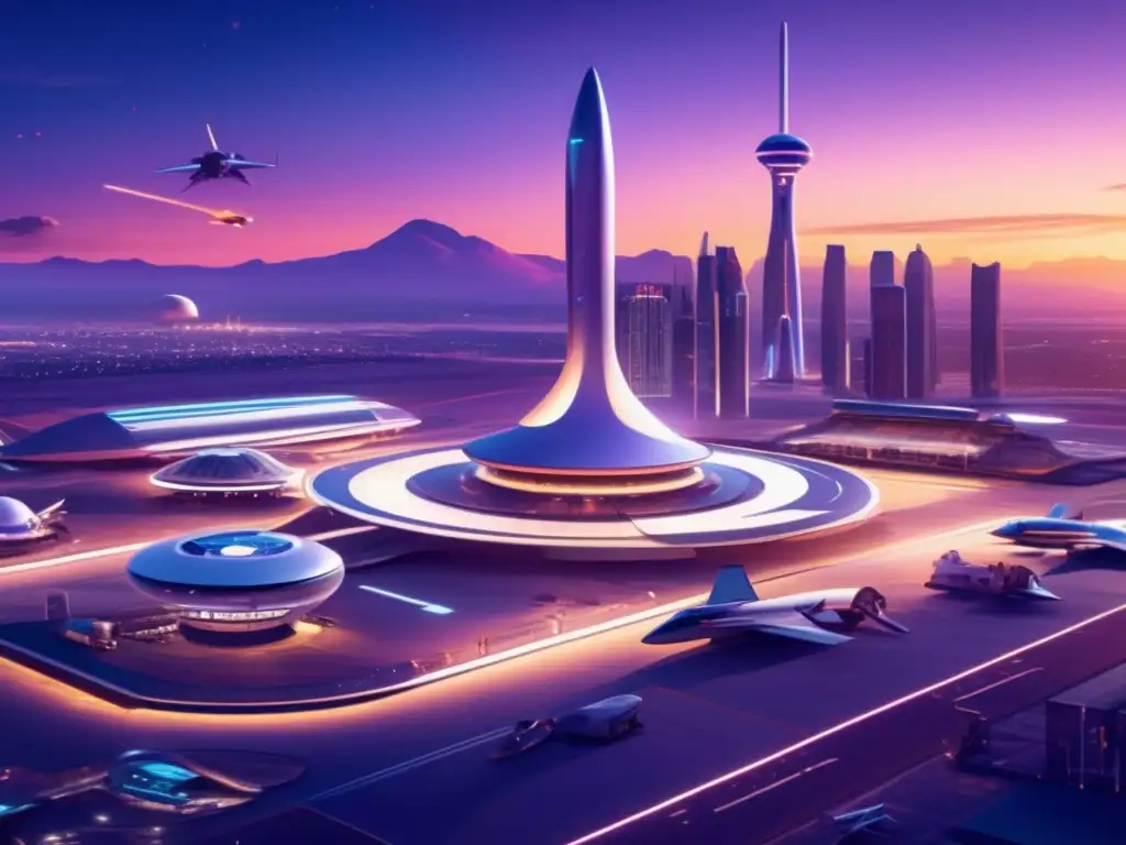 Bullicioso spaceport al atardecer con skyline futurista Alianzas empresariales en economía espacial, con vibrante espacioportuario y emprendedores discutiendo