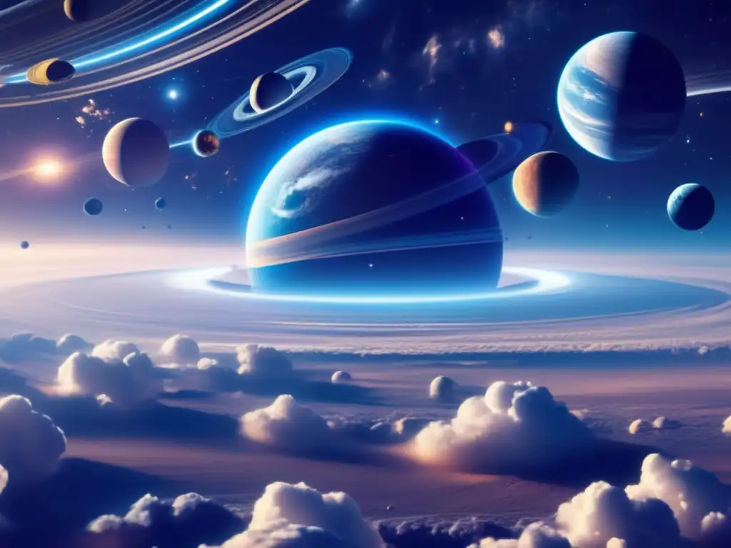 Exploración espacial: Alianzas estratégicas y tecnología avanzada Alianzas empresariales en economía espacial - Visualización 8k de espacio con planetas, satélites y galaxias