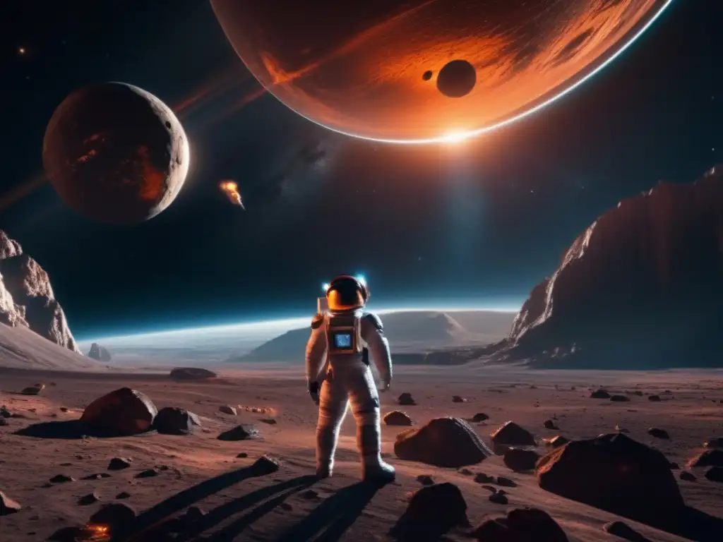 Alianzas estratégicas: estación espacial futurista orbitando asteroide con exploración conjunta y belleza cósmica