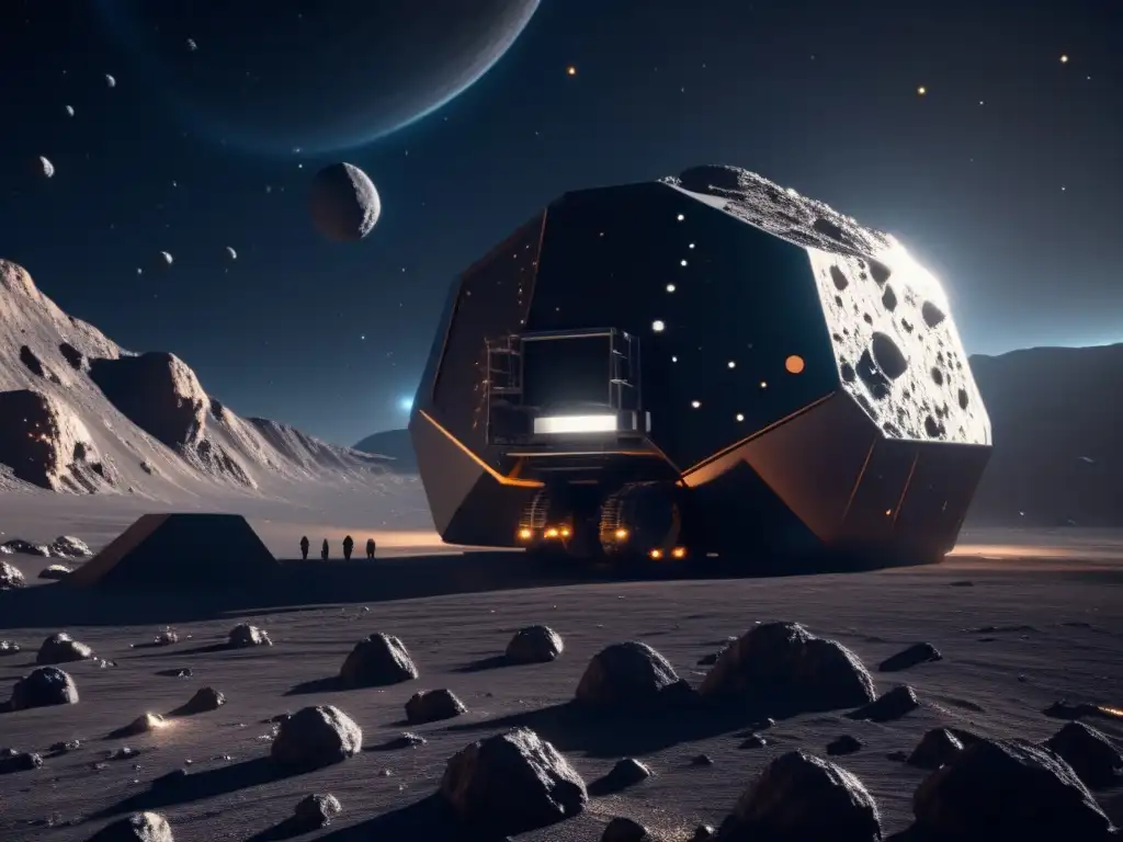 Alianzas estratégicas en explotación asteroides, futurista operación minera espacial con tecnología avanzada