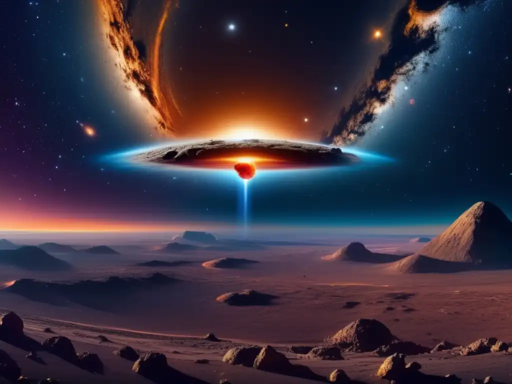 Asteroid metálico surcando el espacio estelar Amenaza de asteroides en la Tierra: imagen nocturna de un asombroso asteroide en el espacio, rodeado de partículas vibrantes y estrellas brillantes