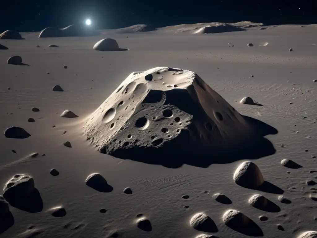 Asteroide C con texturas y patrones intrincados en el espacio An asteroide tipo C con texturas y patrones intrincados en el espacio, iluminado suavemente