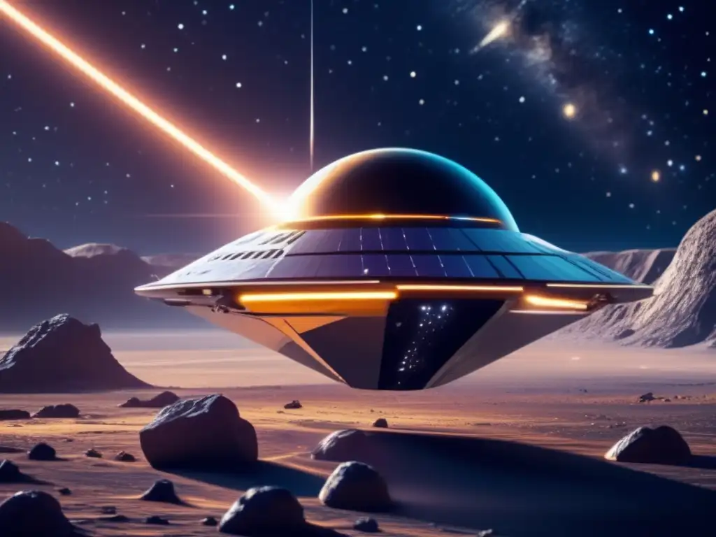 Nave futurista en asteroide An imagen: Nave espacial futurista sobre asteroide, exploración y explotación de asteroides