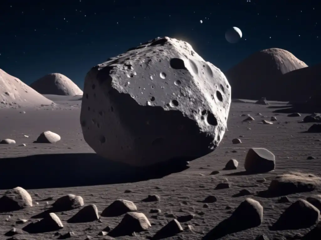 Asteroida Ryugu en el espacio: misterioso y detallado An 8k imagen ultradetallada del asteroide Ryugu en el espacio, destacando sus características únicas y su posición en el sistema solar