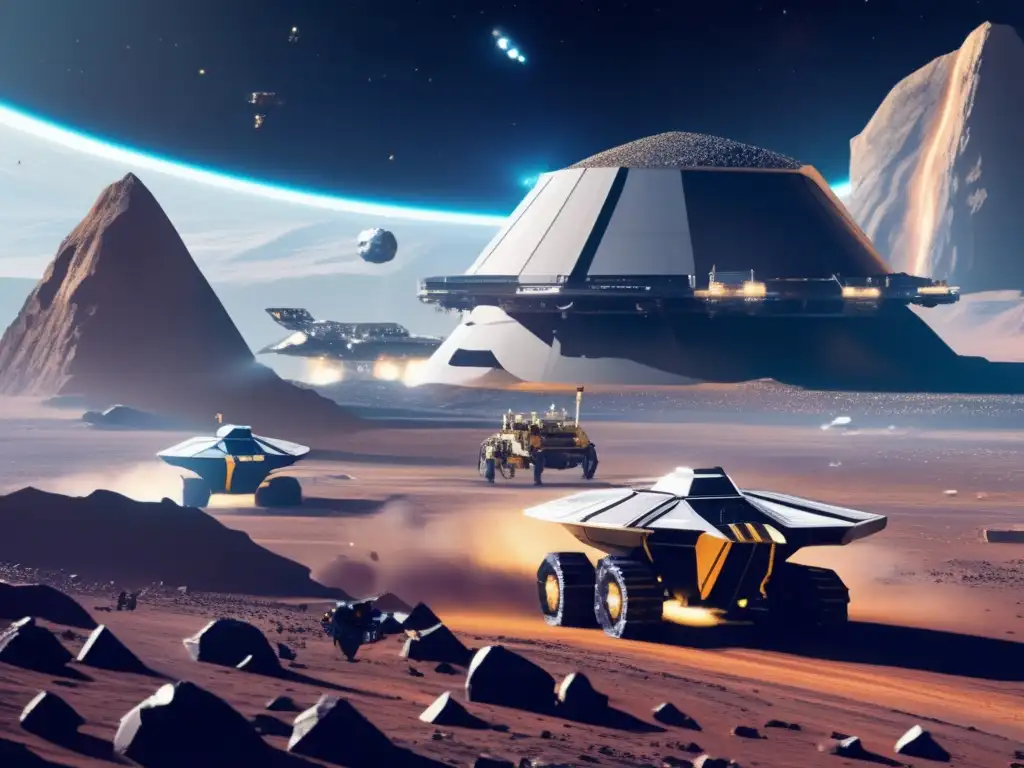 Operación minera espacial futurista Análisis SWOT Minería Espacial: Operación minera futurista en el espacio, con naves y drones extrayendo minerales de un asteroide