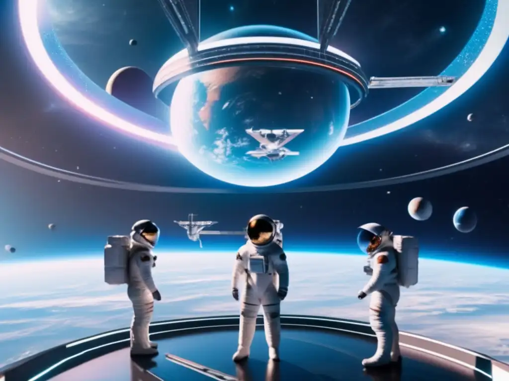 Aplicaciones educativas sobre asteroides en una estación espacial futurista con estudiantes en trajes espaciales y tecnología avanzada