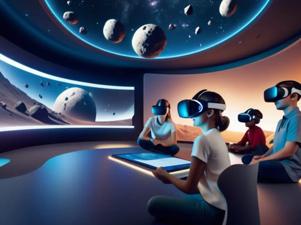 Aula virtual de realidad aumentada Aprendizaje experiencial con asteroides en un aula virtual futurista con tecnología de realidad virtual