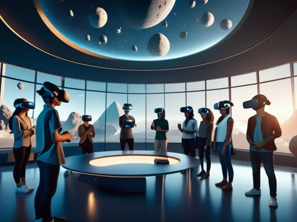 Estudiantes inmersos en realidad virtual en clase futurista Aprendizaje experiencial con asteroides en aula futurista y estudiantes inmersos en realidad virtual