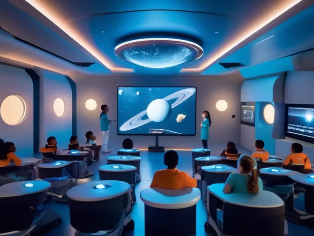 Aula futurista con realidad virtual y asteroides Aprendizaje experiencial con asteroides: Estudiantes exploran la superficie de asteroides en una estación espacial futurista, usando realidad virtual
