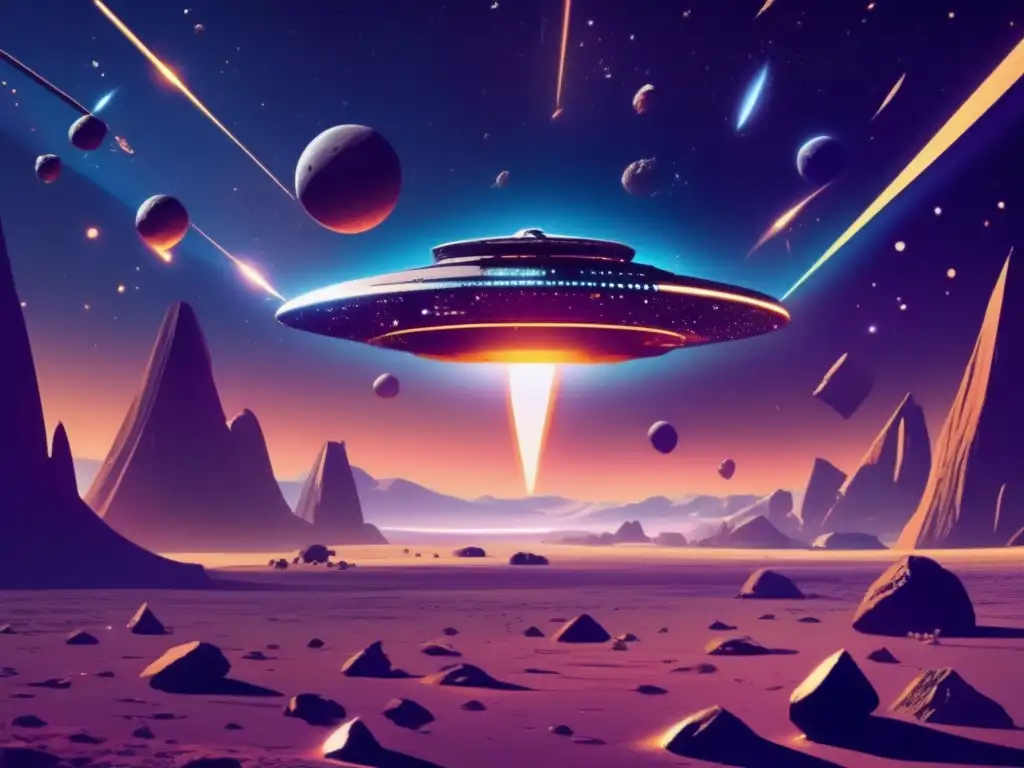 Exploración y extracción de asteroides Exploración y aprovechamiento de asteroides: Nave espacial futurista y asteroides con valiosos recursos