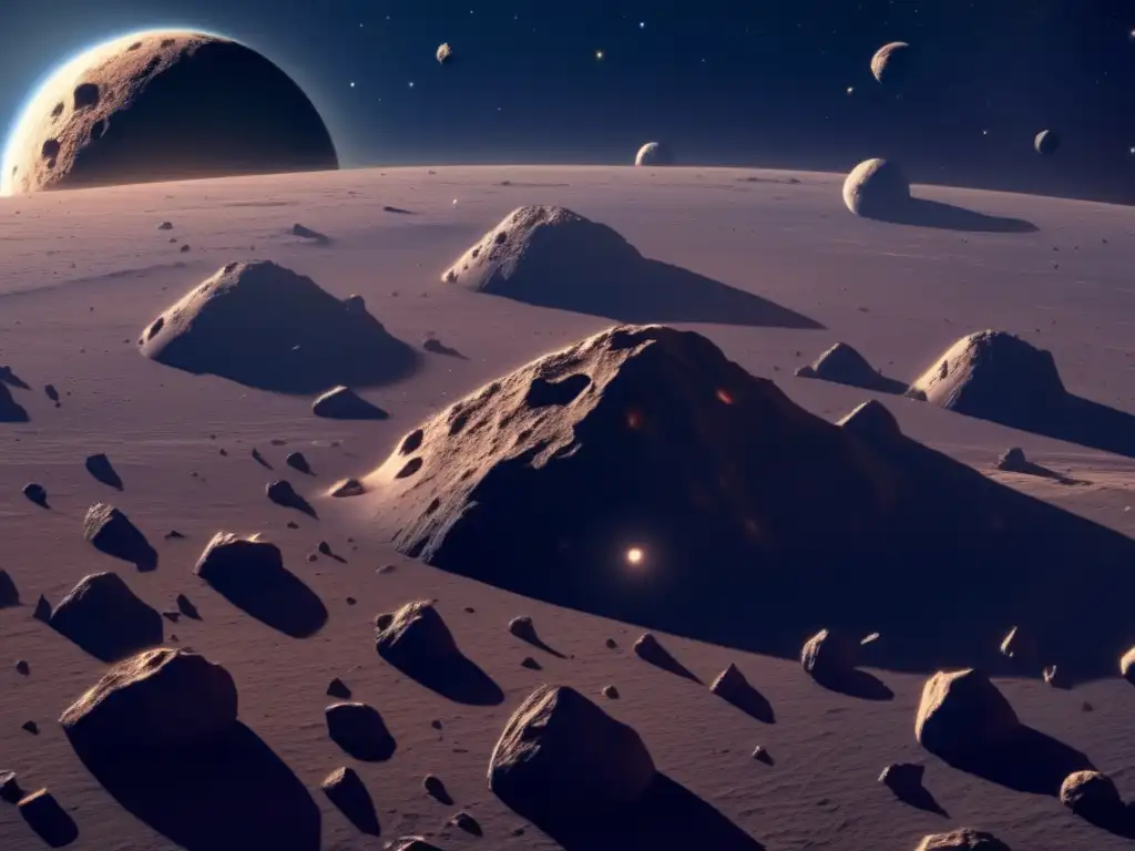 Exploración y utilización de asteroides Exploración y aprovechamiento de asteroides en un vasto espacio oscuro y misterioso lleno de asteroides de diversas formas y tamaños