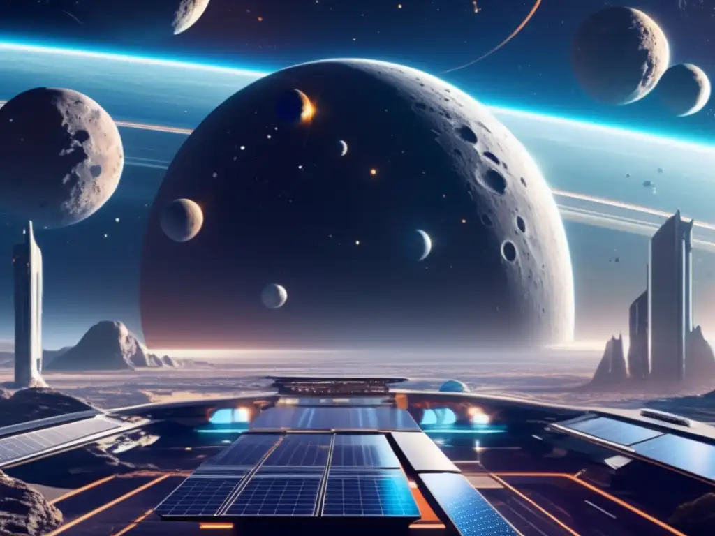 Aprovechamiento sostenible de asteroides en una escena espacial con estación futurista, asteroides y naves avanzadas