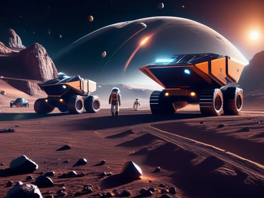 Aprovechamiento sostenible de asteroides en una imagen ultradetallada de 8k que muestra una operación minera espacial futurista