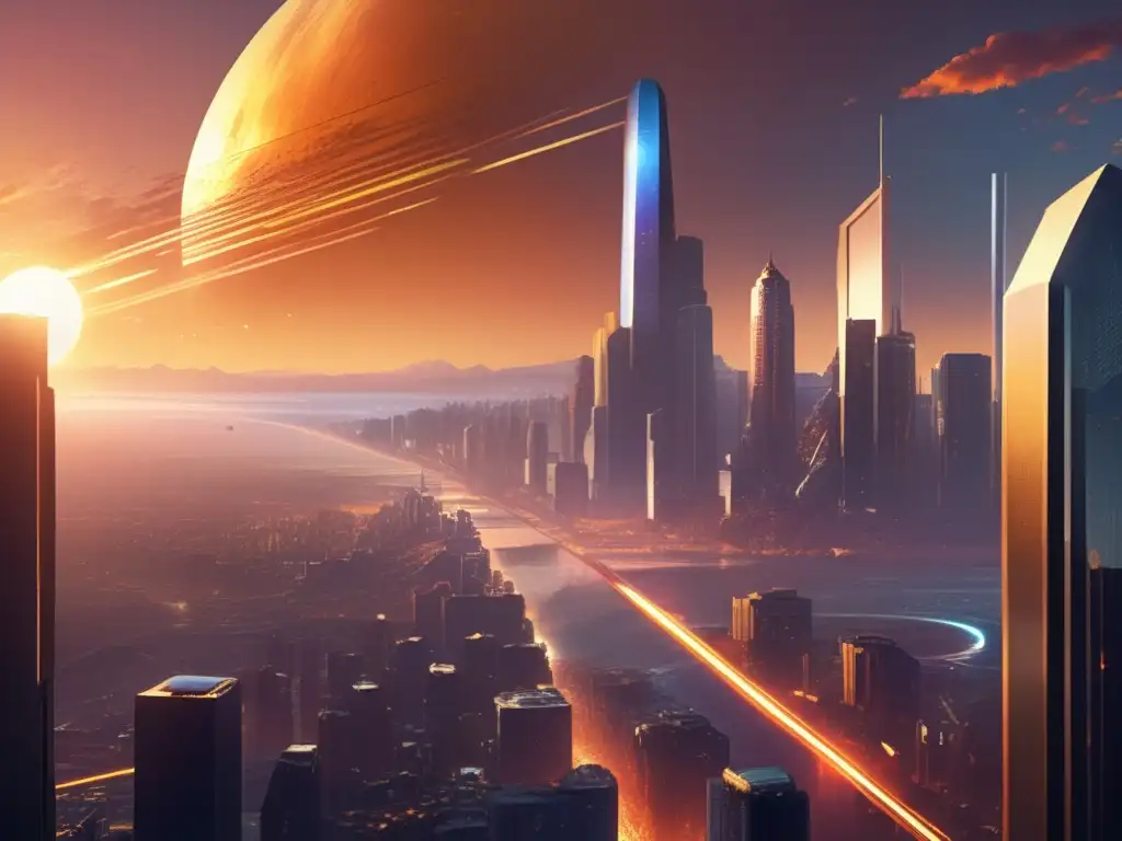 Ciudad futurista iluminada por un atardecer dorado Arte digital impactante de una ciudad distópica en el atardecer dorado con un asteroide, uso de asteroides en literatura