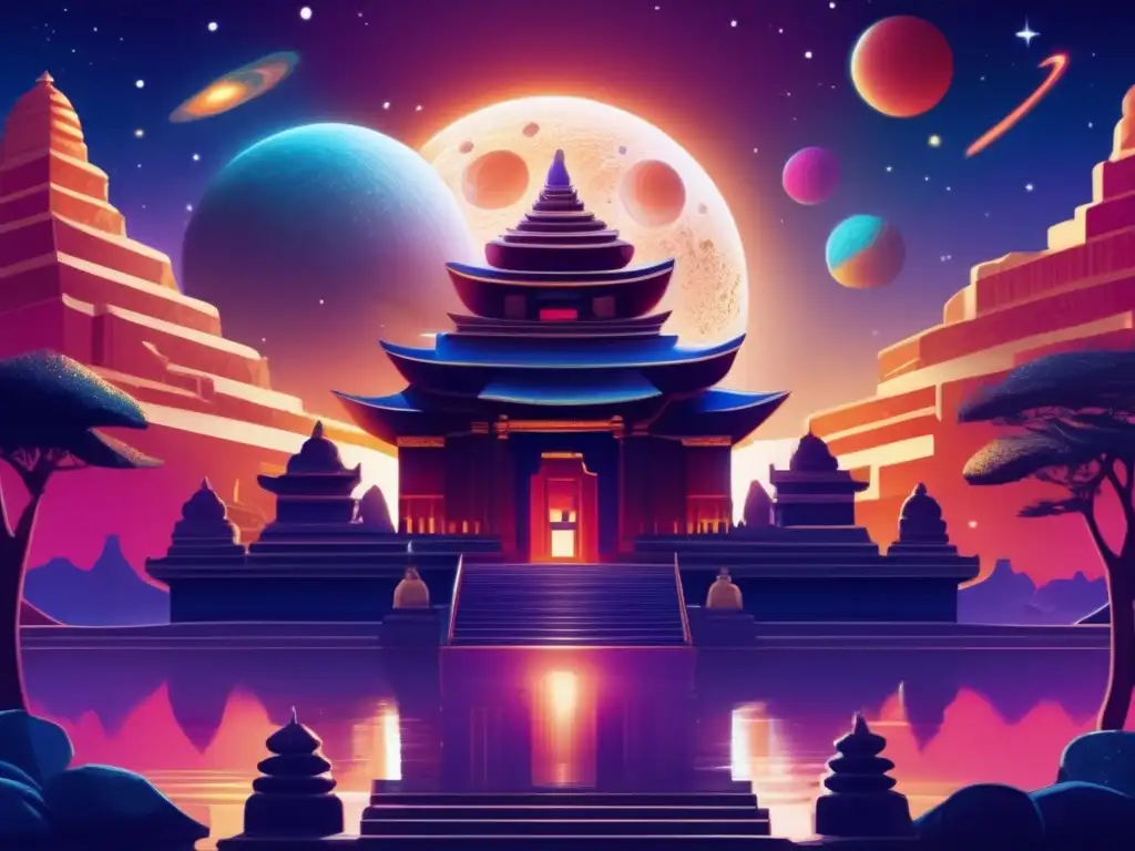 Templo antiguo con asteroides celestiales Arte sagrado: templo antiguo con asteroides simbólicos y estrellas en el cielo, interpretaciones simbólicas de asteroides