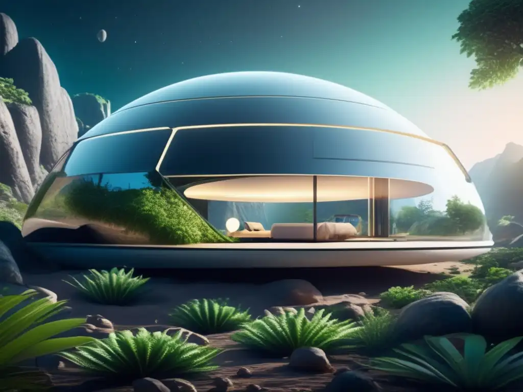 Hábitat futurista en asteroide Habitáculo artificial en asteroide: diseño moderno y ecosistema verde en el espacio