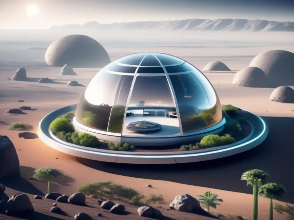 Futuro hábitat artificial en asteroide Habitáculos artificiales en asteroides: Un futuro de tecnología y naturaleza en un paisaje lunar