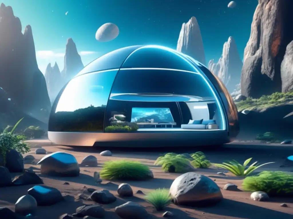 Refugio futurista en asteroide Habitáculos artificiales en asteroides: una imagen 8k detallada de un hábitat futurista en un asteroide, con una estructura moderna y transparente, rodeada de una exuberante vegetación y criaturas adaptadas al entorno único del asteroide