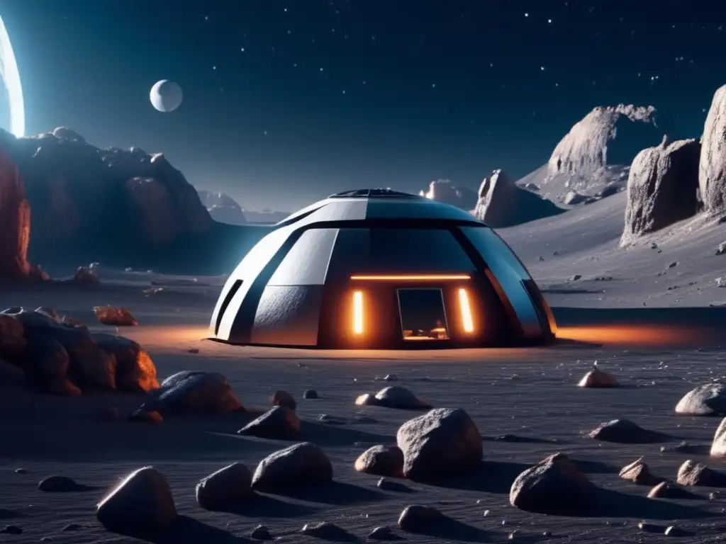 Hábitat artificial futurista en asteroide Habitáculos artificiales en asteroides: Imagen 8k muestra hábitat futurista metálico con naturaleza exótica y científicos explorando