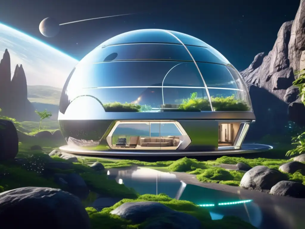 Hábitat futurista en asteroide Habitáculos artificiales en asteroides en un paisaje deslumbrante, fusionando naturaleza y tecnología, con astronautas y ecosistema interconectado