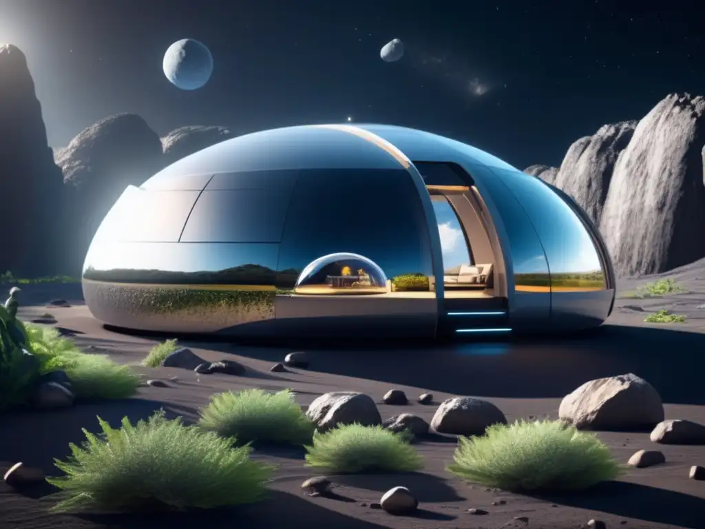 Futuro hábitat espacial en asteroide Habitáculos artificiales en asteroides, fusión tecnológica y naturaleza en el futuro del hábitat espacial