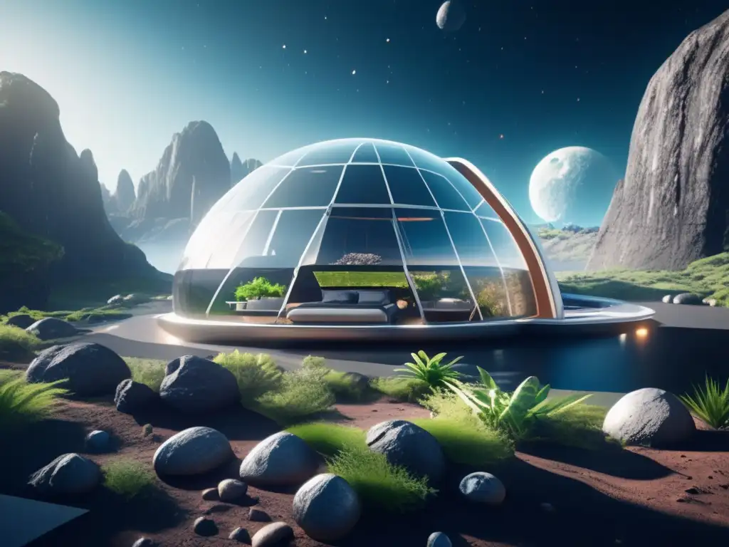 Hábitat espacial futurista en asteroide Habitáculos artificiales en asteroides: una visión inspiradora de vida sostenible en el espacio