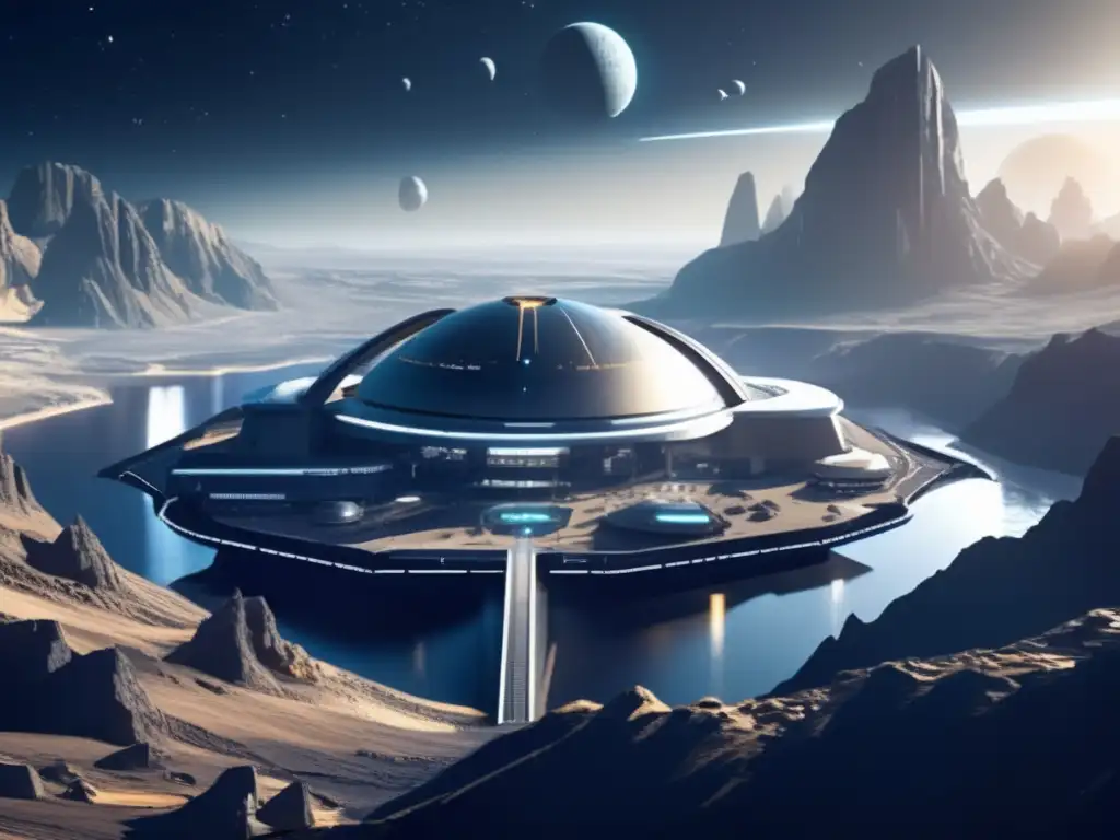 Futuro asentamiento espacial en asteroide Asentamiento humano en asteroide con arquitectura futurista y tecnología avanzada