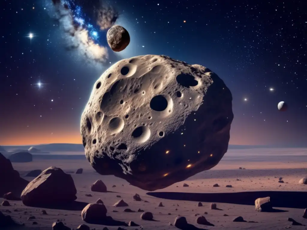 Asteroide gigante flotando en el espacio Astrónomo observa asombroso asteroide en el cielo estrellado - Importancia asteroides en ciencia