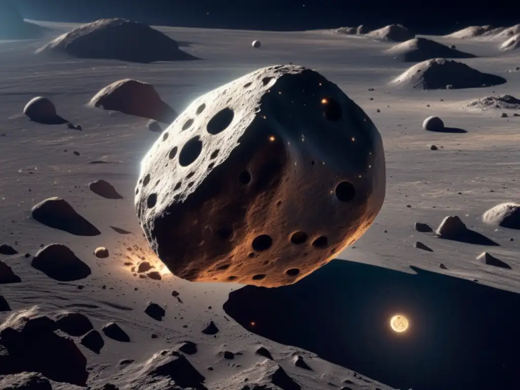 Asteroida flotando en espacio con nave futurista Asteroid en el espacio rodeado de polvo y escombros, con una nave espacial futurista equipada con instrumentos científicos