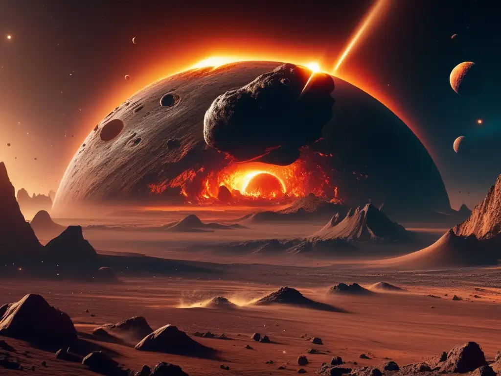 Impacto cósmico en planeta alienígena Alien landscape with asteroid impact: Asteroides: Choques divinos y eventos de impacto