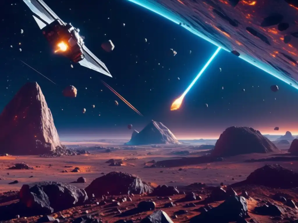 Minero espacial extrayendo recursos en asteroide Asteroid field con nave minera captura la esencia futurista de la minería espacial y sus beneficios económicos