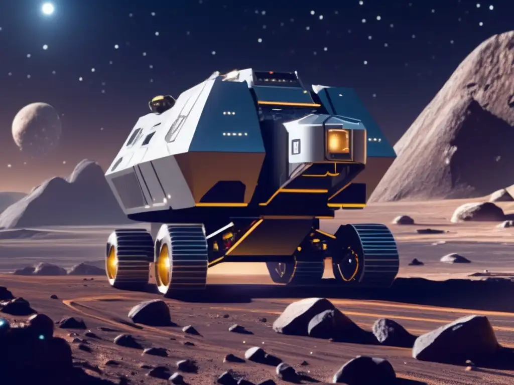 Minería espacial en asteroide: tecnología avanzada Asteroid mining: Futuristic scene of a space mining operation on a rocky asteroid with advanced robotic arms