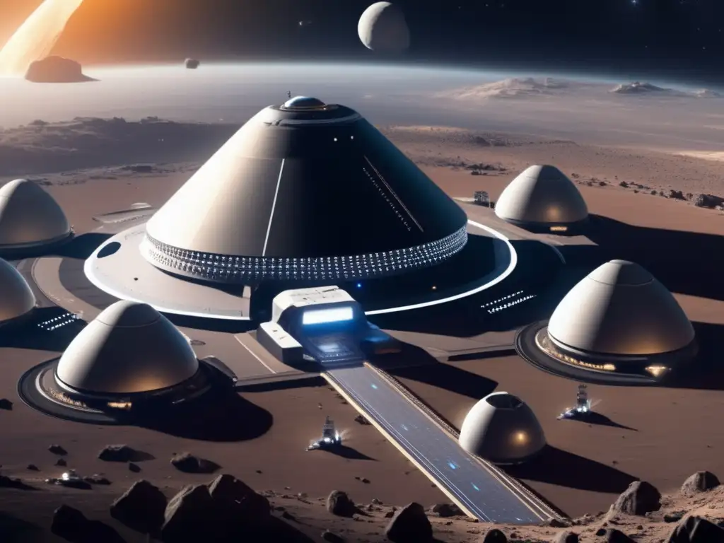 Futurista espacio de trabajo en asteroide An asteroid spaceport showcases futuristic technology and bustling activity, highlighting the impact of space legislation on asteroid mining