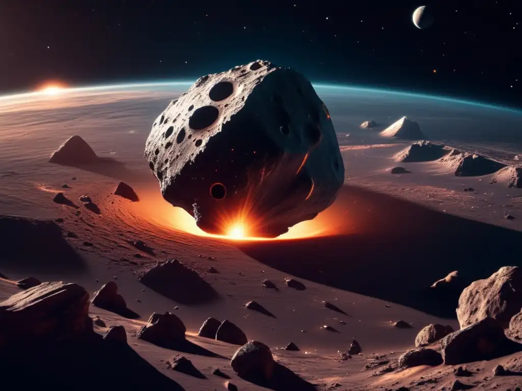 Asteroida espacial y tecnología avanzada Asteroida 8k con cráteres y nave espacial futurista