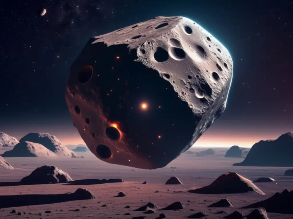 Asteroide en el espacio con nave científica Asteroida en el espacio rodeado por nave científica, exploración de asteroides cercanos a la Tierra