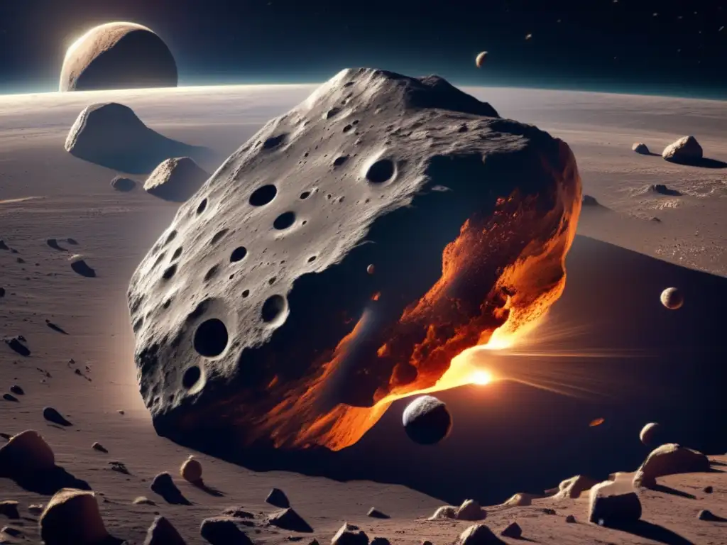 Asteroide en el espacio con superficie rugosa Asteroida con forma irregular y superficie rugosa, compuesta por capas de regolito y con cráteres profundos