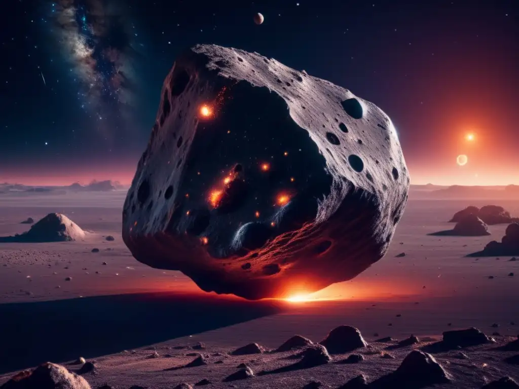 Majestuoso asteroide en el espacio Asteroida gigante flotando en el espacio, con cráteres y nave espacial futurista equipada para extracción de recursos en el espacio