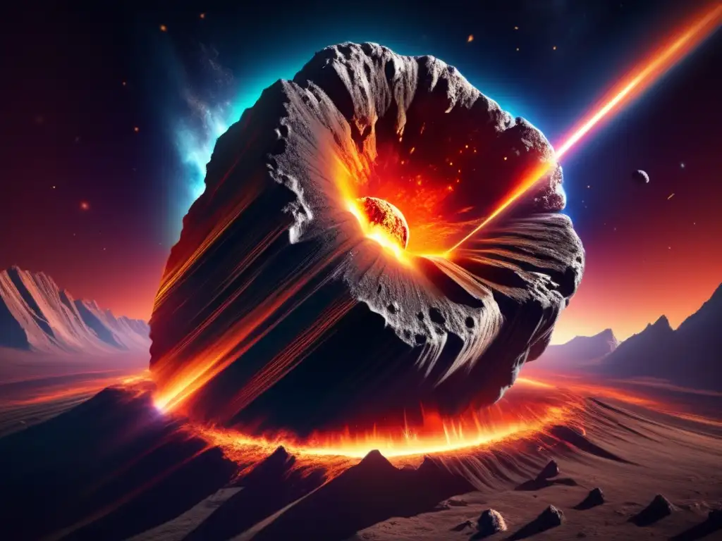 Asteroide en camino a la Tierra, con detalles y peligro Asteroida masiva acercándose a la Tierra, con detalles impresionantes y halo de fuego