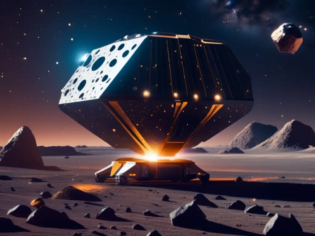 Asteroida metálica flotando en el espacio, con su superficie rugosa cubierta de minerales brillantes