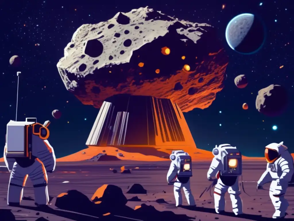 Minería espacial: Asteroide con naves mineras y científicos Asteroida minera con impacto ambiental: Normativas minería asteroides