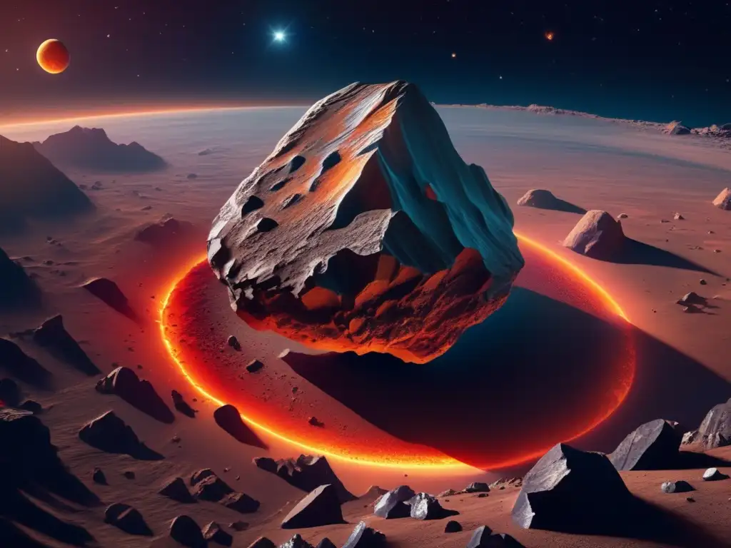 Impresionante asteroide en el espacio Asteroida rocosa flotando en el espacio con formaciones geológicas y una nave futurista