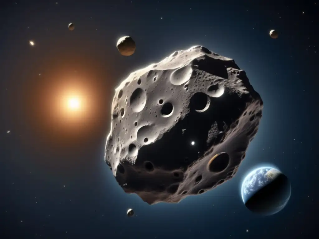 Asteroide 1950 DA en el espacio, con la Tierra de fondo Asteroide 1950 DA impacto futuro, vista detallada de su superficie rocosa y cráteres, con la Tierra de fondo