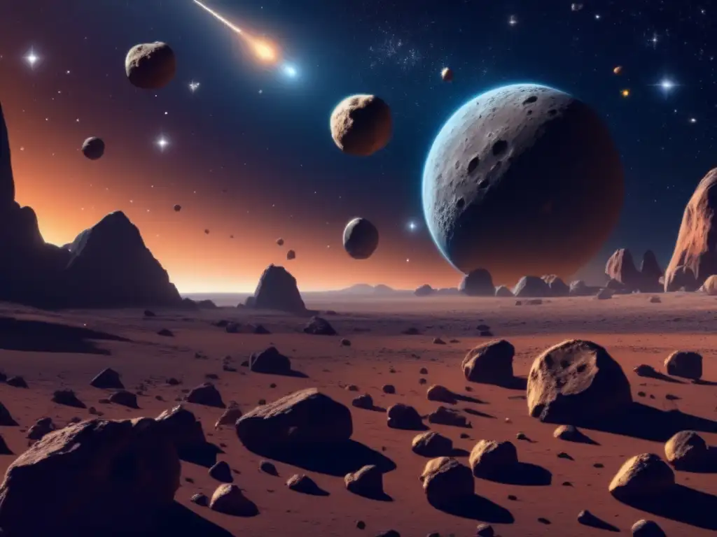 Esplendor del campo de asteroides en el espacio Asteroide 1950 DA impacto futuro, vista impresionante del espacio con campo de asteroides: detalles, colores y brillo estelar
