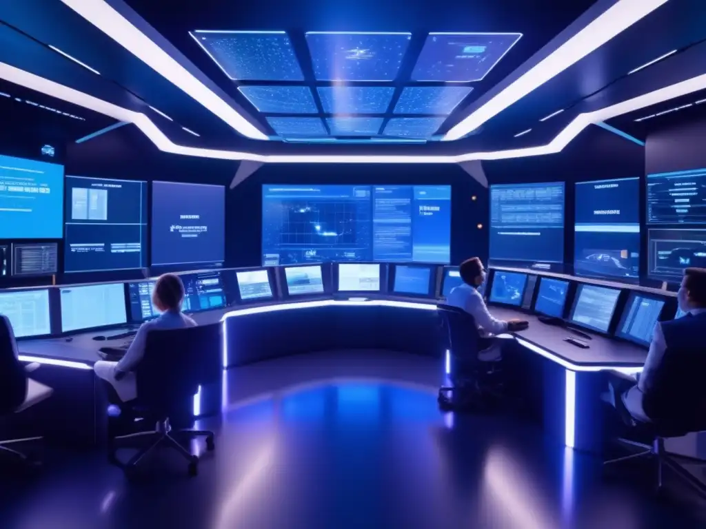 Urgente control de sala de científicos y tecnología avanzada Asteroide 1950 DA: Sala de control futurista con científicos y tecnología de vanguardia, previniendo impacto catastrófico