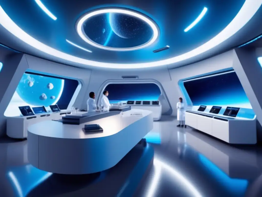 Interior futurista de Base Alfa en asteroide Asteroide Base Alfa: Laboratorio espacial autosostenible con tecnología innovadora, científicos y belleza cósmica