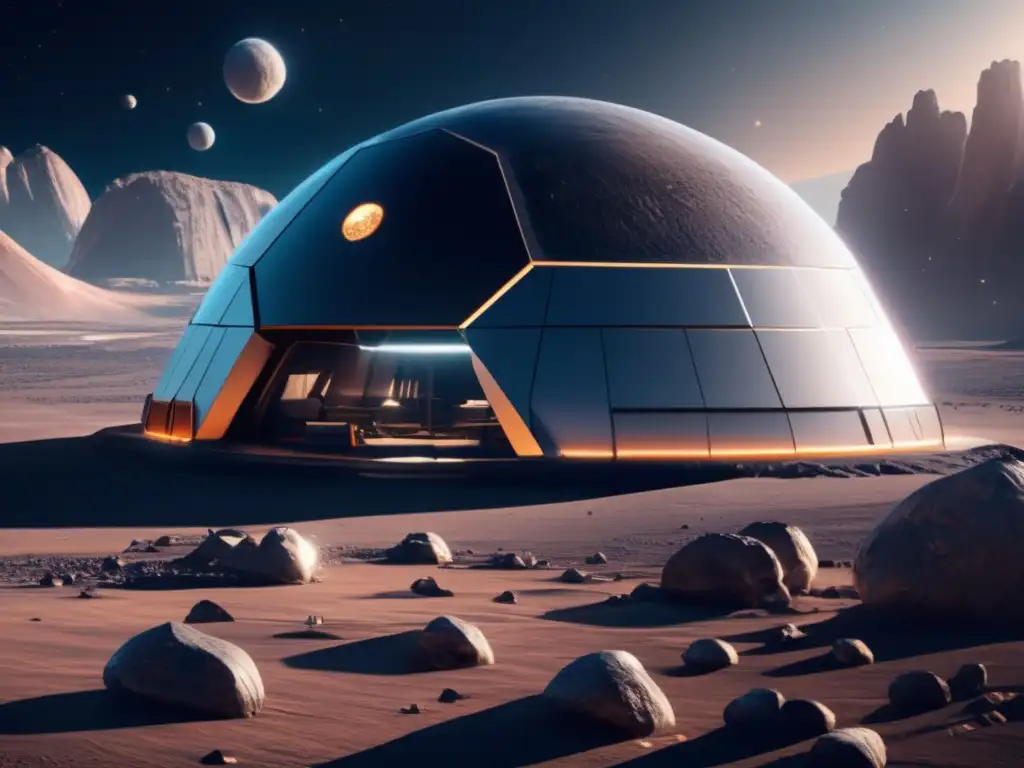 Asteroide Base Alfa: Estación espacial futurista Asteroide Base Alfa: Laboratorios Espaciales Autosostenibles en paisaje majestuoso